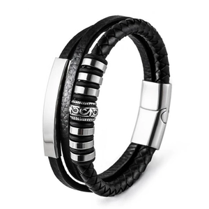 Bracciale multistrato in pelle nera da uomo con dettagli in acciaio inossidabile lucido