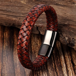 Men Retro Braided Genuine Leather Bracelet With Stainless Steel Magnetic Clasp Polished Geometric Cowhide Casual Wristband Jewelry