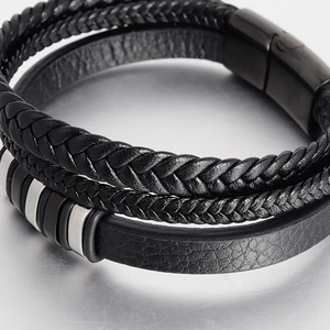 Men's multilayer black braided leather bracelet with stainless steel magnetic clasp