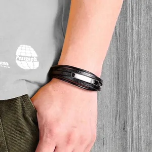 Men's multilayer black leather bracelet with silver polished metal plate decoration