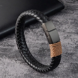 Men's woven black leather bracelet with matte black magnetic clasp and brown rope details