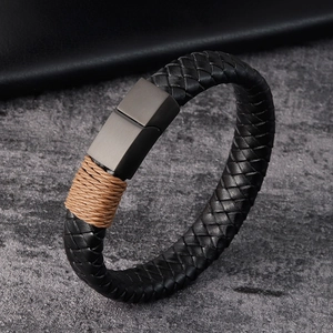 Men's Genuine Leather Bracelet Stainless Steel Magnetic Clasp Black Woven Braid Wristband Punk Retro Casual Jewelry Gift For Men