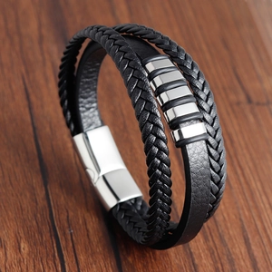 Men's multilayer black braided leather bracelet with silver metal charms and magnetic clasp