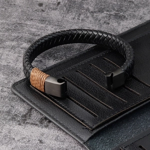 Men's woven black leather bracelet with matte magnetic clasp and brown rope accent