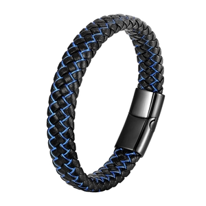 Men's woven black leather bracelet with blue stitching and black magnetic metal clasp
