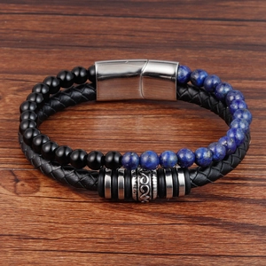 Bracciale da uomo a due strati con perline in pietra naturale, pelle intrecciata e chiusura