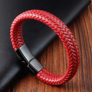 Red braided leather bracelet featuring a matte black magnetic metal clasp for men and women