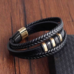 Men's multilayer braided leather bracelet with gold magnetic clasp on premium display box