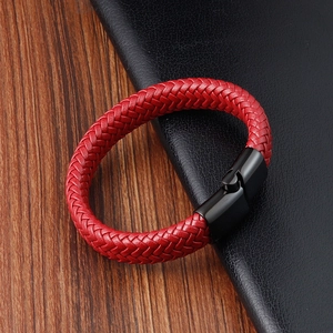 Red braided leather bracelet with matte black magnetic stainless steel clasp for couples