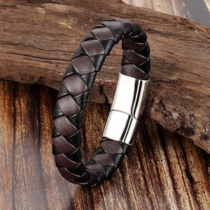 Bracciale da Uomo in Pelle Intrecciata Con Chiusura Magnetica in Acciaio Inossidabile Vintage Intrecciato a Mano per Uomo Gioielli