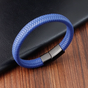 Blue braided leather bracelet for men with a sleek black magnetic stainless steel clasp