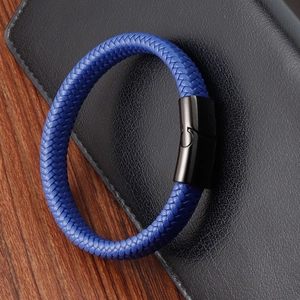 Men's blue braided leather bracelet with black magnetic stainless steel clasp for casual style