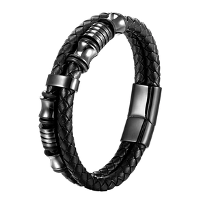 Bracciale da uomo in pelle nera intrecciata a doppio strato con chiusura magnetica in acciaio