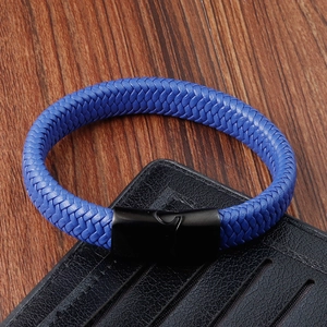 Men's blue braided leather bracelet with high-gloss black stainless steel magnetic clasp