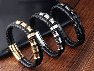 Bracciale da uomo in pelle intrecciata a doppio strato con chiusura magnetica in tre colori