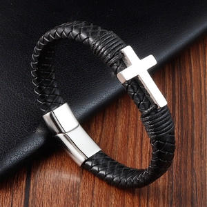 Vintage braided leather bracelet with stainless steel cross charm and magnetic clasp