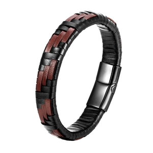 Bracelet tressé pour homme en cuir noir et marron rouge avec fermoir magnétique noir