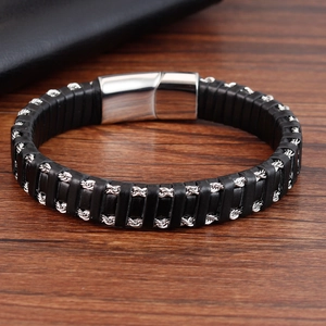 Men's braided black leather bracelet with silver metal chain and magnetic clasp