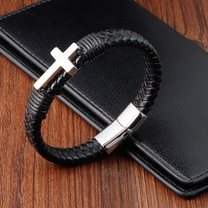 Mens vintage woven black leather bracelet featuring a polished stainless steel cross