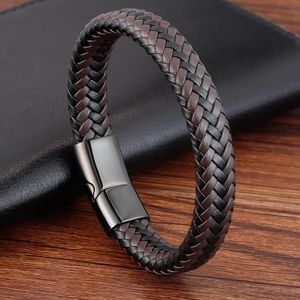 Bracelet en Cuir Tressé pour Homme Avec Fermoir Magnétique en Acier Inoxydable Bracelet Tissé en Cuir de Vachette Bijoux Mode Cadeau
