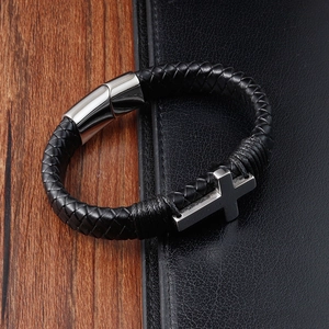 Retro cross stainless steel braided leather bracelet with magnetic clasp for men