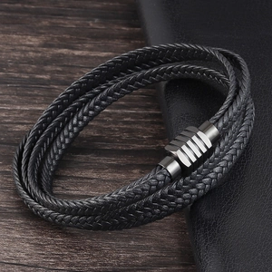 Bracelet pour Homme en Cuir Véritable Tressé Multicouche Fermoir Magnétique en Acier Inoxydable Bijoux Rétro Décontractés