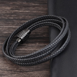 Bracelet multicouche en cuir tressé noir pour homme avec fermoir magnétique en acier