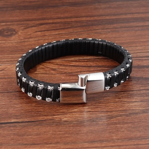 Men's multilayer black braided leather bracelet with polished stainless steel buckle