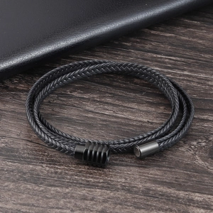 Bracelet multicouche pour homme en cuir tressé noir avec fermoir magnétique en métal