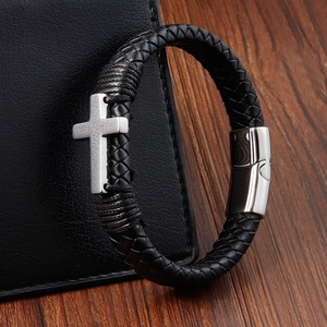 Men's braided black leather bracelet with stainless steel cross charm and magnetic clasp