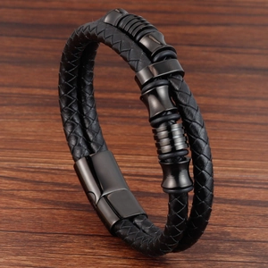 Bracciale da Uomo in Pelle di Vacchetta Intrecciata a Doppio Strato Con Chiusura Magnetica in Acciaio Inossidabile Gioielli