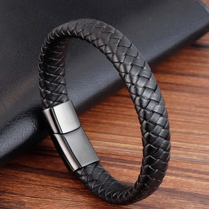 Men Braided Cowhide Leather Bracelet With Stainless Steel Magnetic Buckle Minimalist Retro Fashion Wristband Jewelry Gift