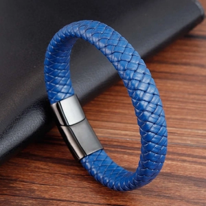 Braided dark blue leather bracelet for men featuring a black magnetic metal clasp