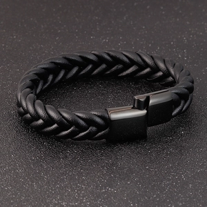 Bracelet pour homme en cuir noir tressé avec fermoir magnétique en acier inoxydable