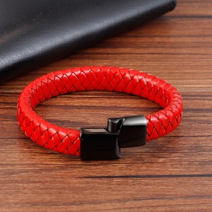 Men's red braided leather bracelet with a sleek black magnetic stainless steel clasp