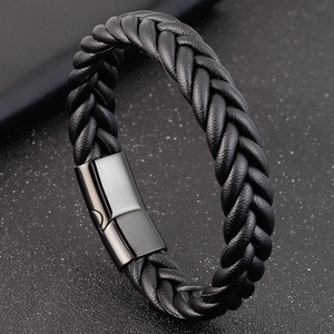 Bracelet en Cuir Tressé pour Homme Avec Fermoir Magnétique en Acier Titane Bijoux Cadeau Pour Lui Noir Argent Couleur