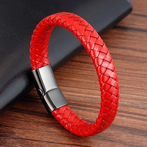 Men's braided red leather bracelet with a sleek black magnetic stainless steel clasp