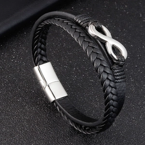 Men's multi-layer braided leather bracelet with silver infinity symbol and magnetic clasp