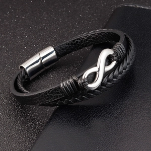 Men's multi-layer braided black leather infinity bracelet with magnetic steel clasp