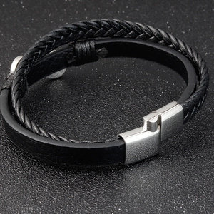 Men's double-layer braided leather bracelet with brushed silver stainless steel clasp
