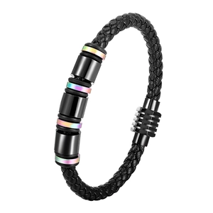 Minimalist black braided leather bracelet with iridescent metal charms and magnetic clasp