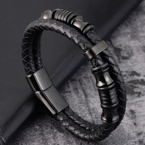 Pulsera para hombre de cuero trenzado negro de doble capa con cierre magnético negro mate