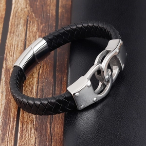 Black woven leather bracelet with polished silver double ring interlocking metal clasp