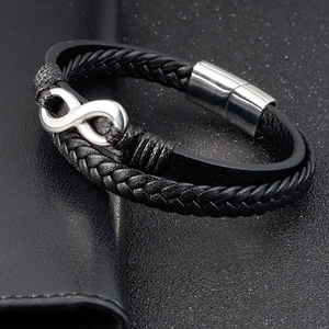 Men's multilayer black braided leather bracelet featuring a silver infinity metal charm