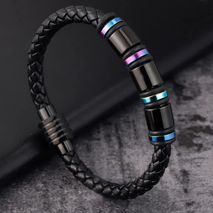 Men's Minimalist Black Braided Leather Bracelet With Stainless Steel Iridescent Spacers Geometric Beads Magnetic Clasp Rugged Fashion Jewelry Gift