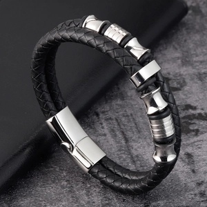 Pulsera de Cuero Trenzado para Hombre Con Cierre Magnético de Acero de Titanio Cuentas de Metal Pulido Joyería de Moda