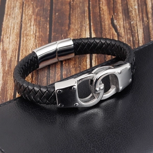 Multilayer braided black leather bracelet with infinity link and silver metal clasp