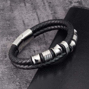 Pulsera clásica de cuero trenzado negro de doble capa con cierre magnético de plata para hombre