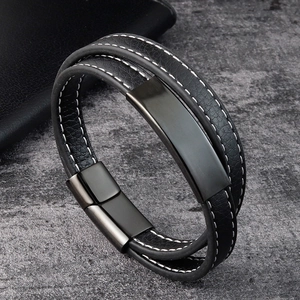 Men's Multi Layer Leather Bracelet With Stainless Steel Magnetic Clasp Polished Braided Genuine Leather Wristband Fashion Jewelry