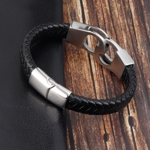 Multilayer braided black leather bracelet for men with silver stainless steel clasp
